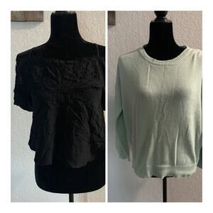 TOBI Blouse Lot Womens Medium Blue Open Back Sweater and Black Lace Crop Top